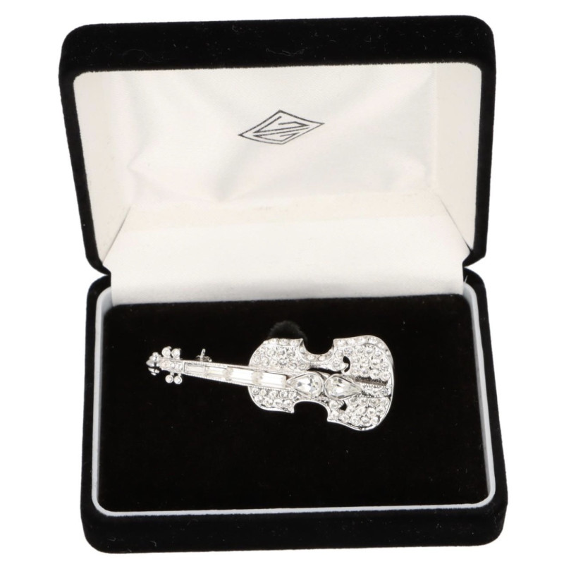 BROCHE VIOLON ARGENTE ET STRASS BOITE VELOUR BLEU