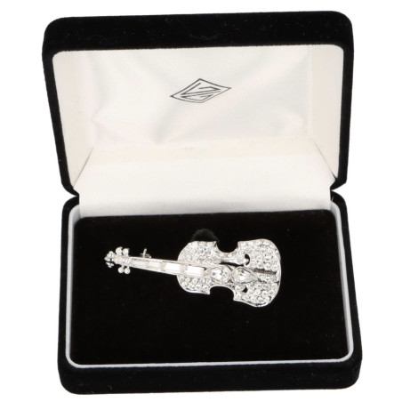 BROCHE VIOLON ARGENTE ET STRASS BOITE VELOUR BLEU