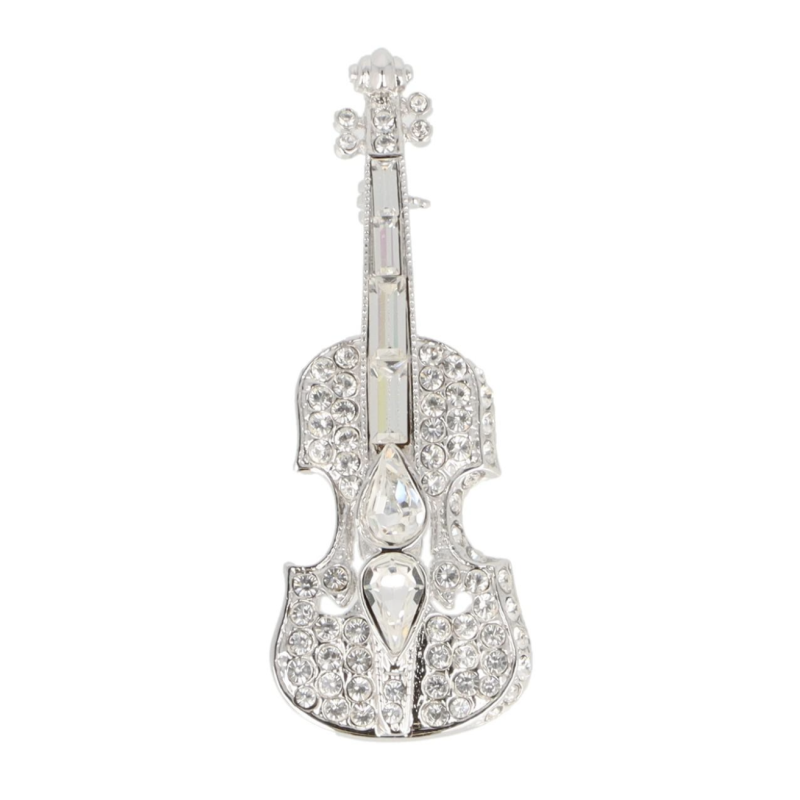 BROCHE VIOLON ARGENTE ET STRASS BOITE VELOUR BLEU
