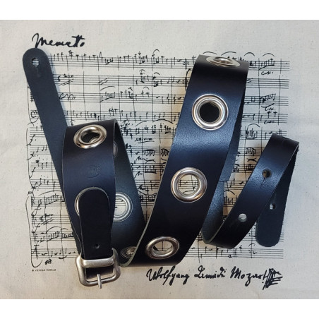 SANGLE LIAM'S GUITARE CUIR NOIR OEILLETS METALIQUES W9