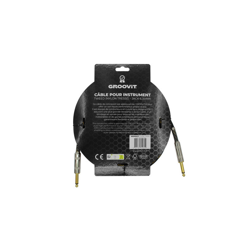 CABLE GROOVIT NYLON TRESSE JACK/JACK 3M NOIR/OR