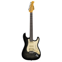 GUITARE ELECTRIQUE PRODIPE AULNE FLAME TOP TRANS BLACK ST93 ALDER TBK