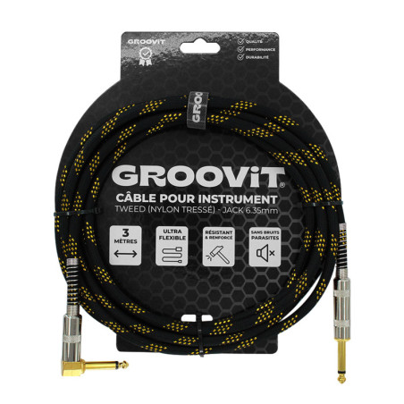 CABLE GROOVIT NYLON TRESSE  JACK/JACK COUDE 3M NOIR ET OR