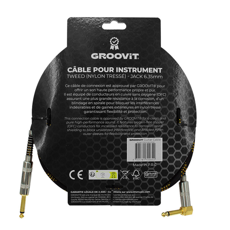 CABLE GROOVIT NYLON TRESSE  JACK/JACK COUDE 3M NOIR ET OR