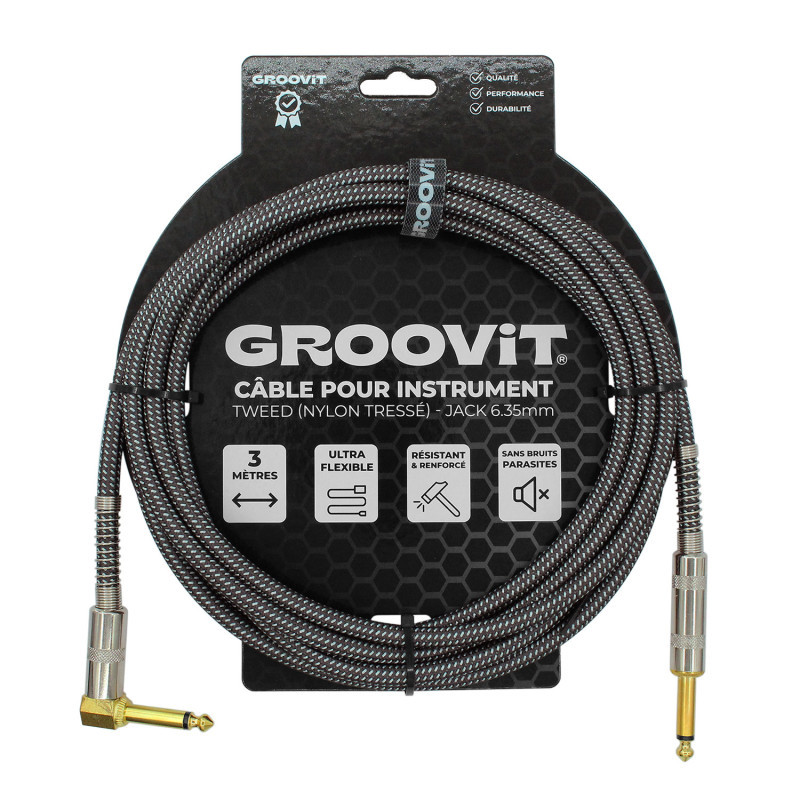 CABLE GROOVIT NYLON TRESSE  JACK/JACK COUDE 3M GRIS