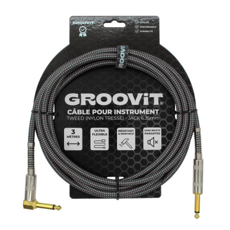 CABLE GROOVIT NYLON TRESSE  JACK/JACK COUDE 3M GRIS