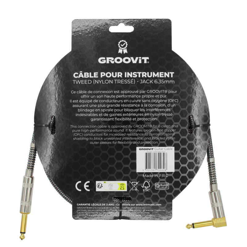 CABLE GROOVIT NYLON TRESSE  JACK/JACK COUDE 3M GRIS