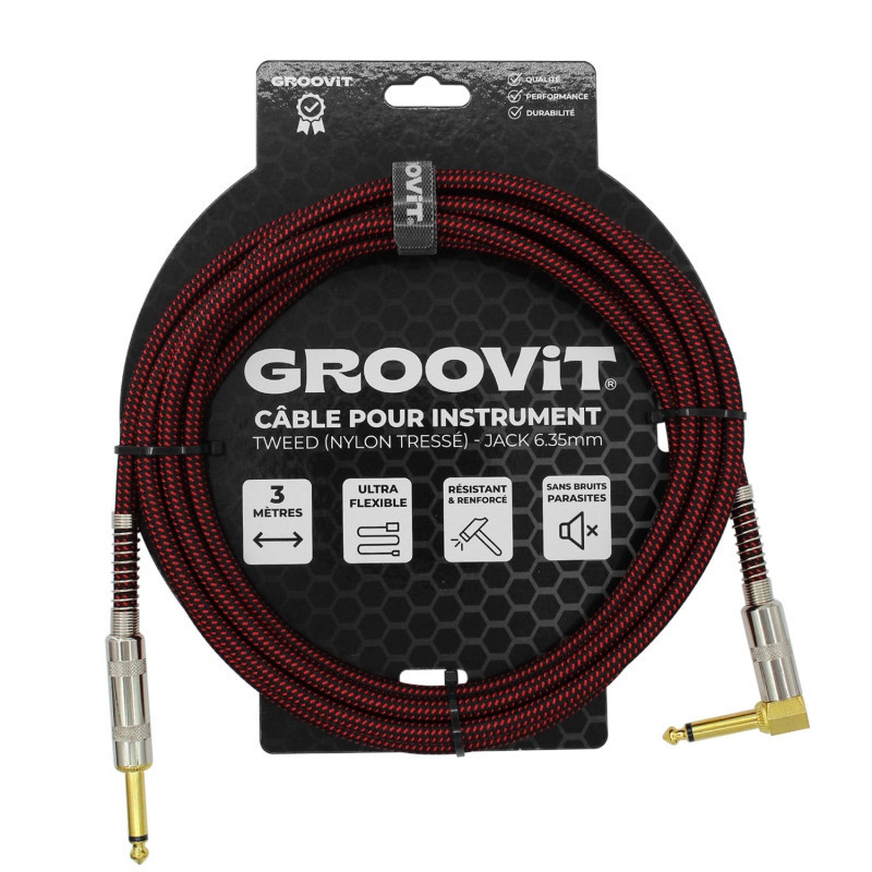 CABLE GROOVIT NYLON TRESSE JACK/JACK COUDE 3M ROUGE 