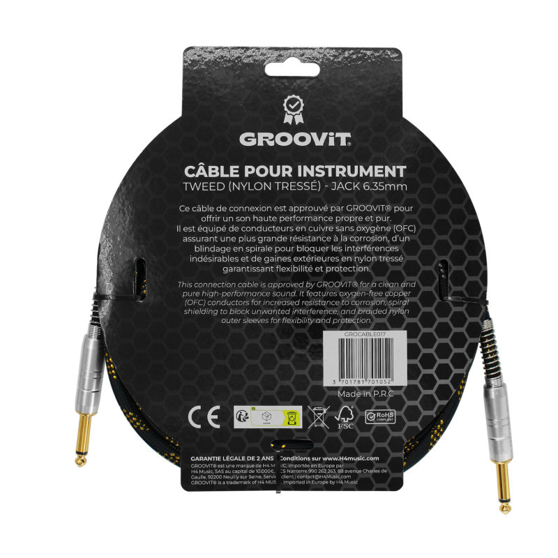 CABLE GROOVIT NYLON TRESSE JACK/JACK 6M NOIR/OR