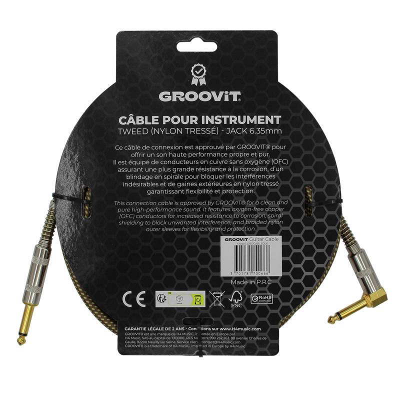 CABLE GROOVIT NYLON TRESSE  JACK/JACK COUDE 3M MARRON
