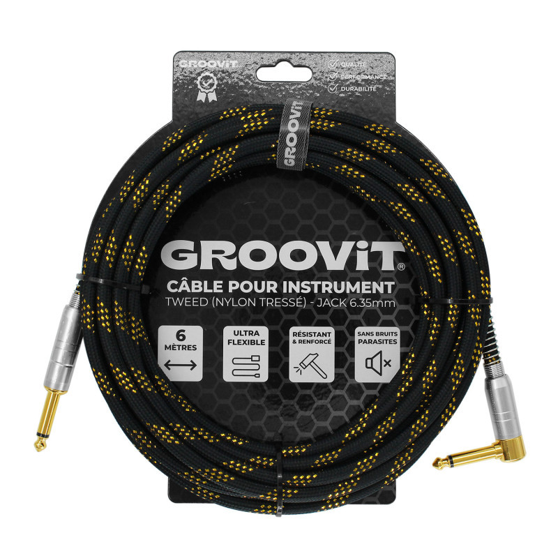 CABLE GROOVIT NYLON TRESSE  JACK/JACK COUDE 6M NOIR ET OR