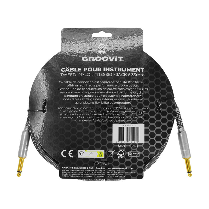 CABLE GROOVIT NYLON TRESSE JACK/JACK 6M GRIS