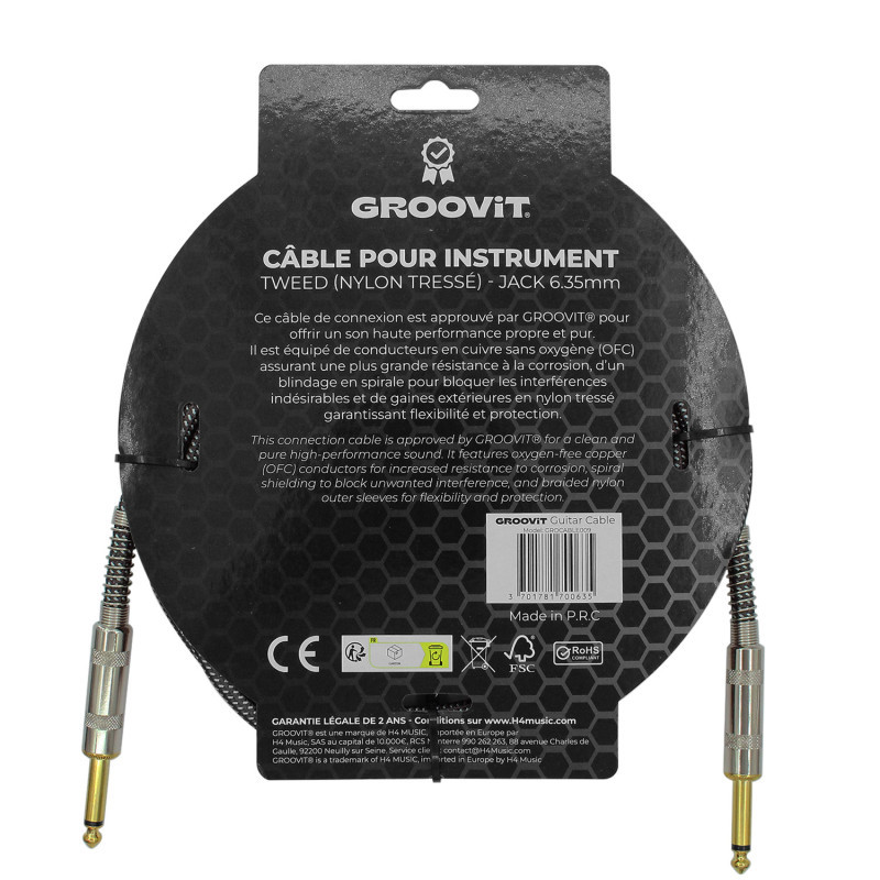 CABLE GROOVIT NYLON TRESSE JACK/JACK 3M GRIS
